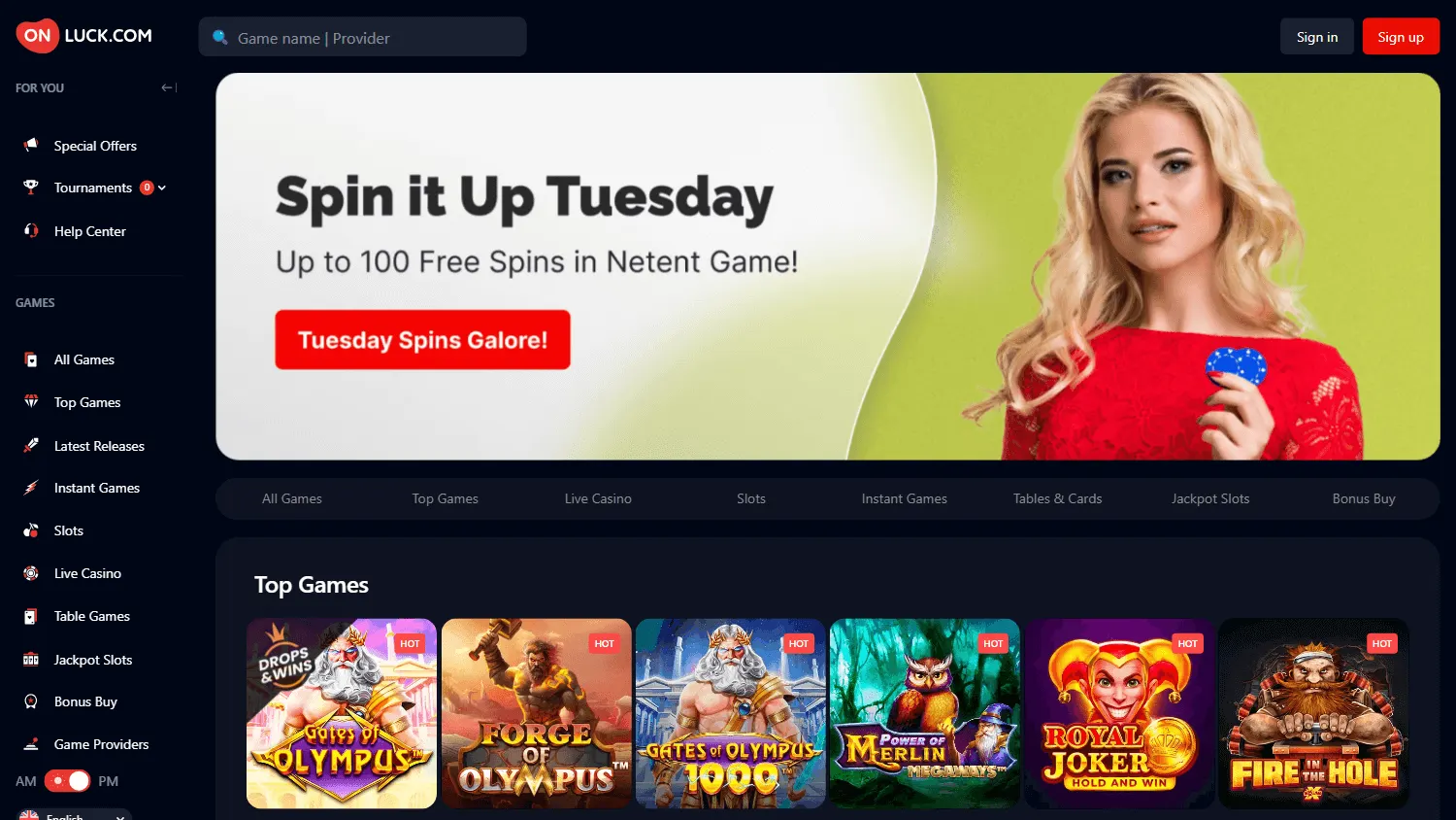 Onluck Casino home screen on a desktop device
