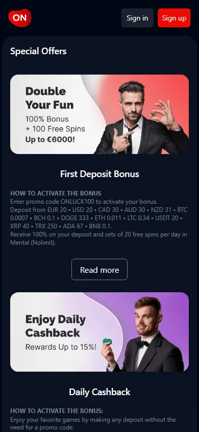 Onluck Casino promotions screen on a mobile device
